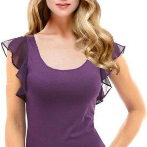 PattyBoutik New Flutter Sleeve Scoop Neck Top Dark Purple Large L